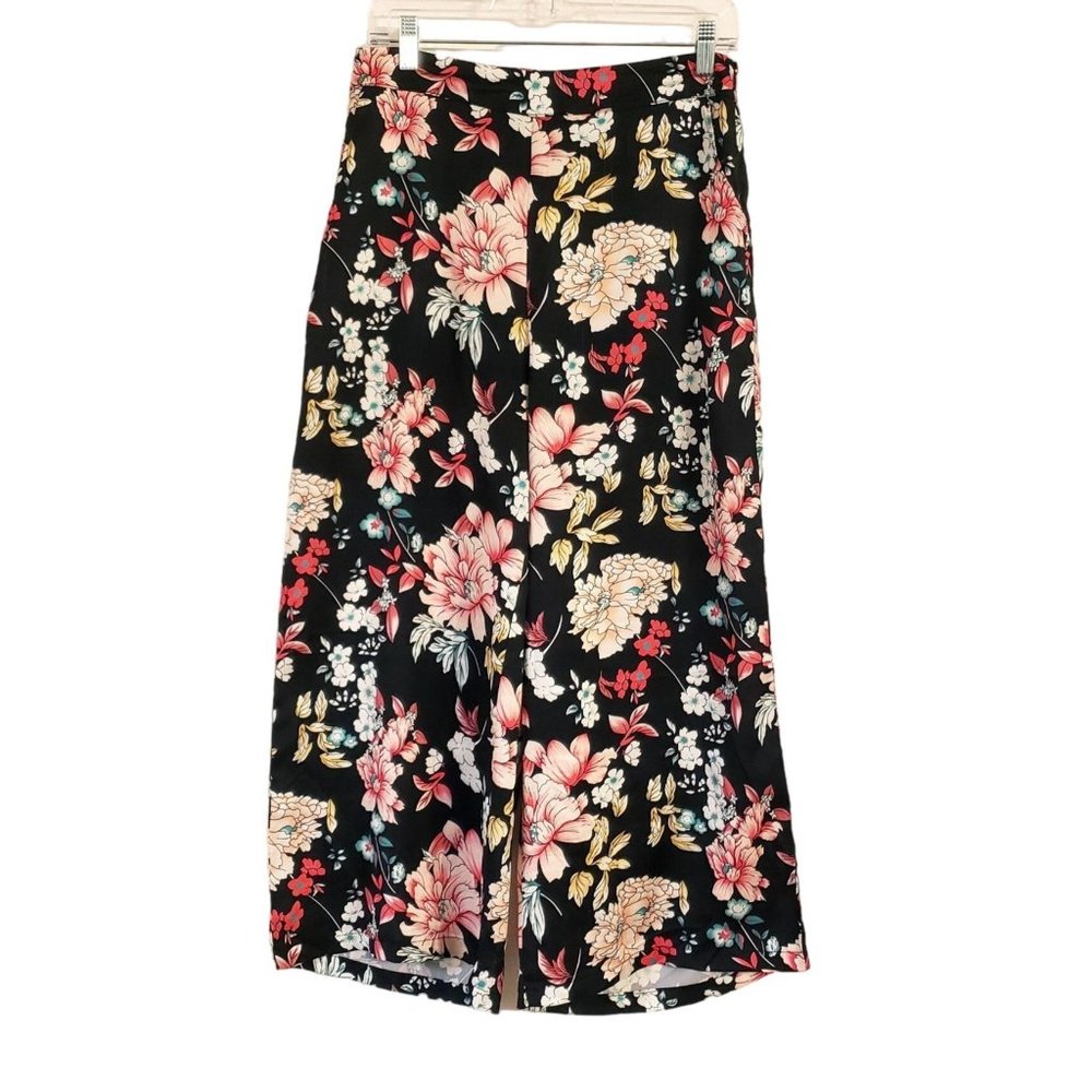Floral wide leg cropped pants size Medium peony‎ blend print black pinks yimai